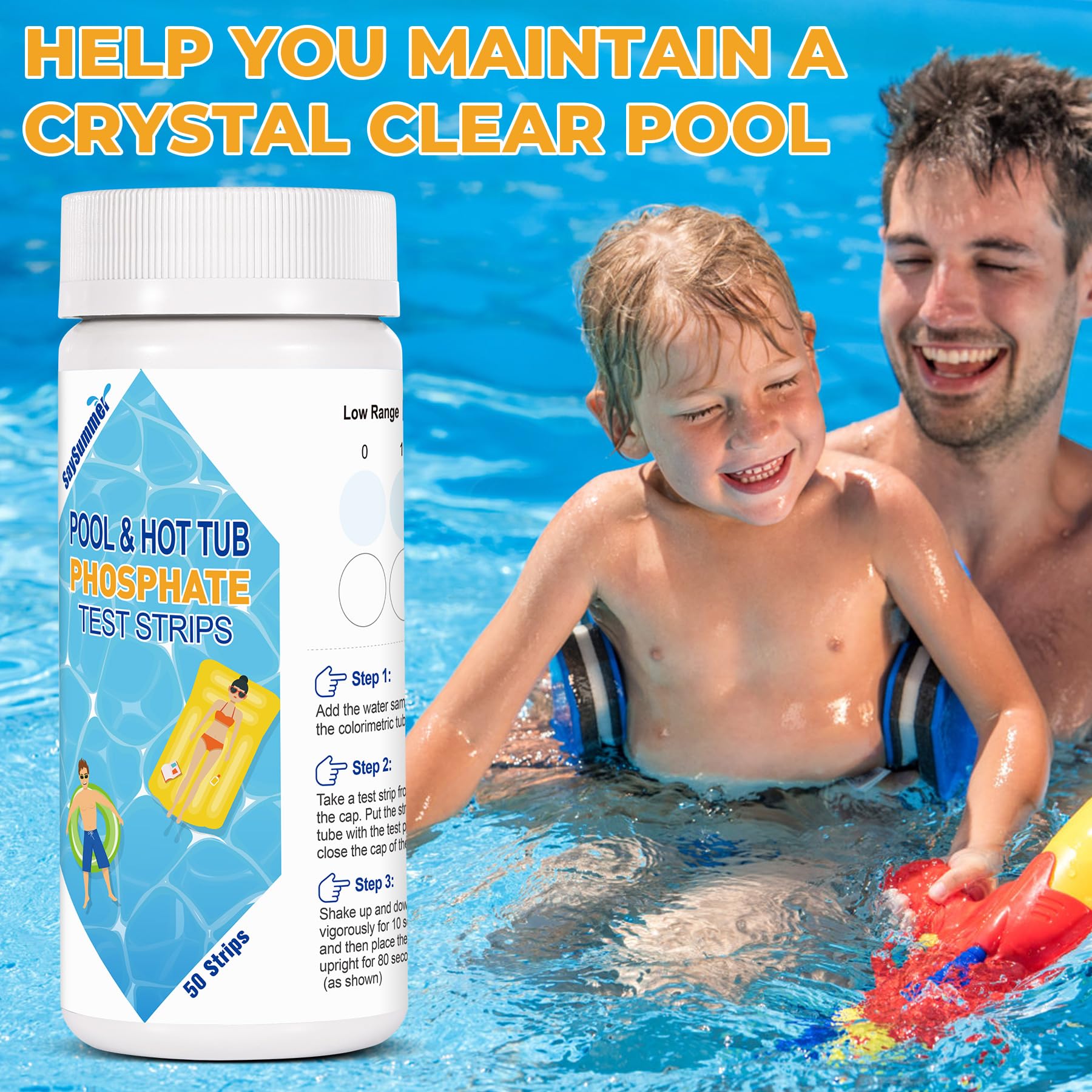 SaySummer pool phosphate kit contents with 50 strips and test tube