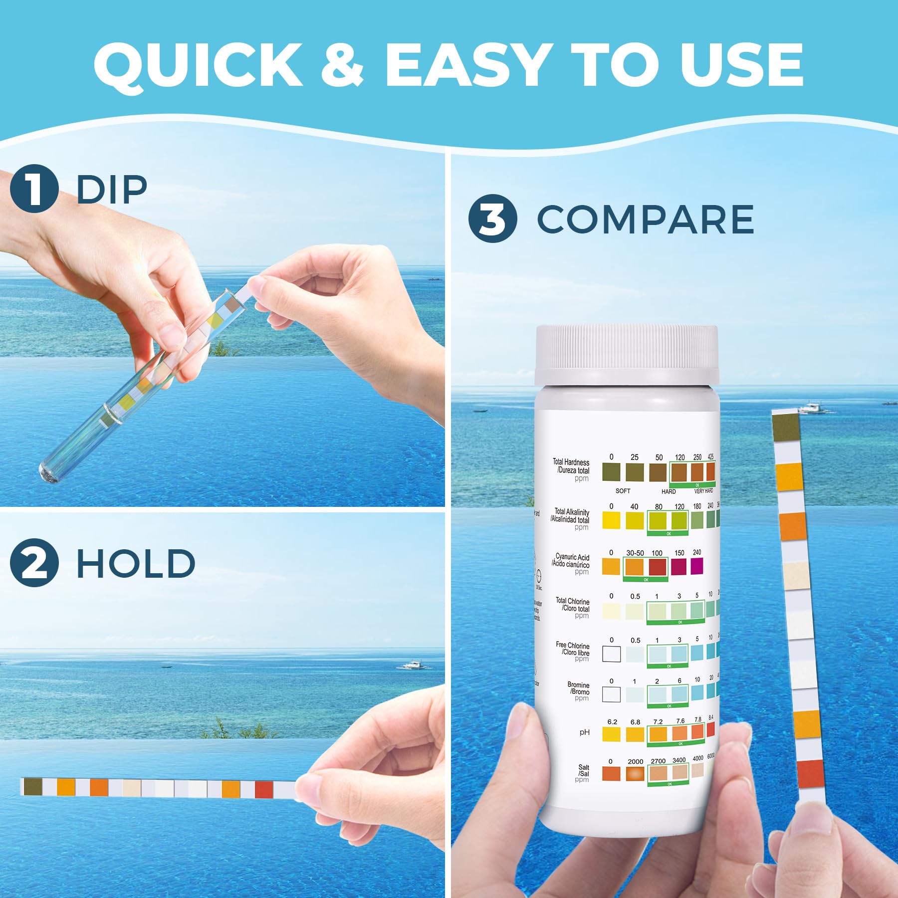 SaySummer test strips dipping action demonstrates quick water testing in seconds