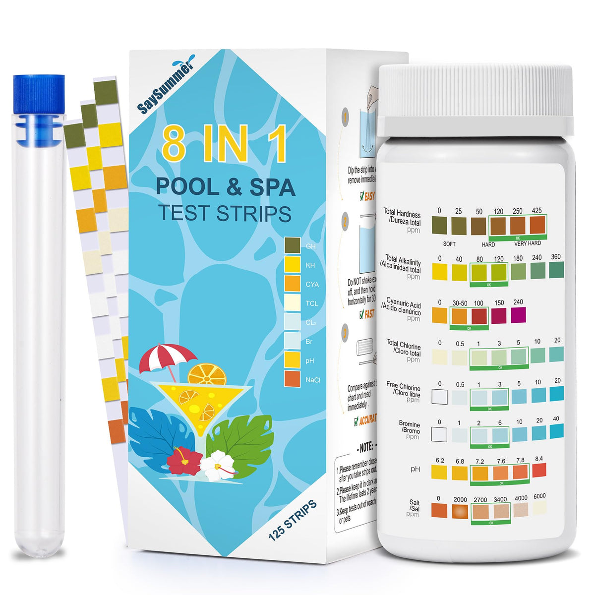 SaySummer salt-water test strips kit box showing 125 strips for easy testing