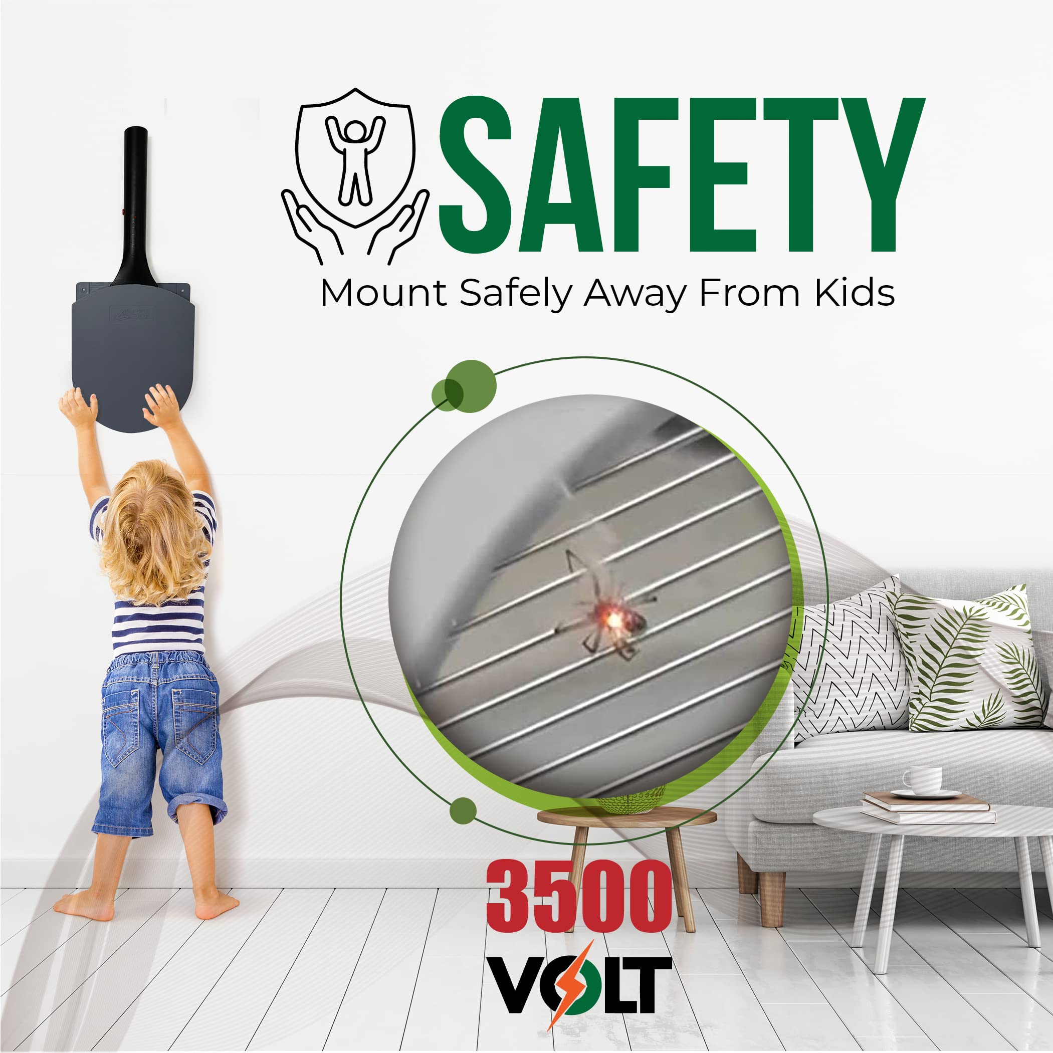 SBL Home bug zapper racket shown, in action with wall case