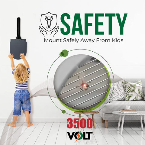 SBL Home bug zapper racket shown, in action with wall case