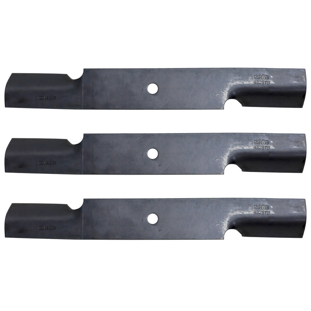 Scag 482878 18-inch mower blade packaging for 52-inch deck replacements.
