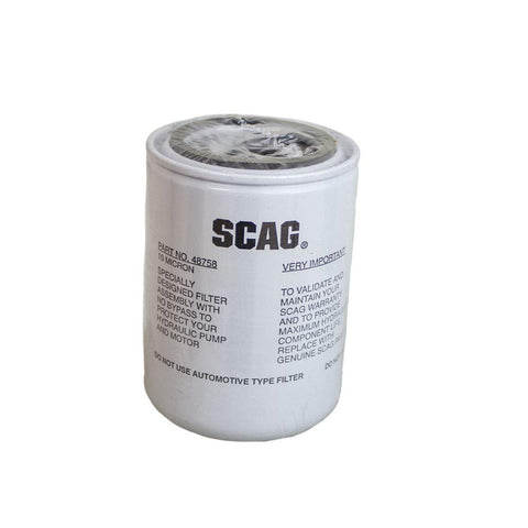 Scag OEM hydraulic filter with 10-micron filtration for cleaner hydraulic fluid.