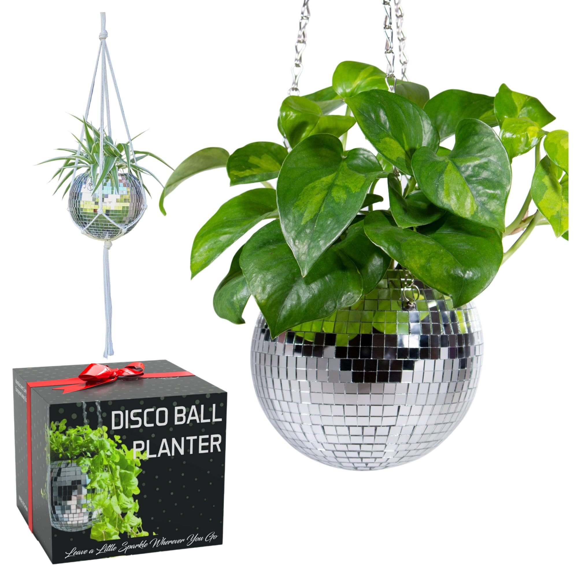 SCANDINORDICA Disco Ball Planter with chain showcases a reflective surface for vibrant light accents.