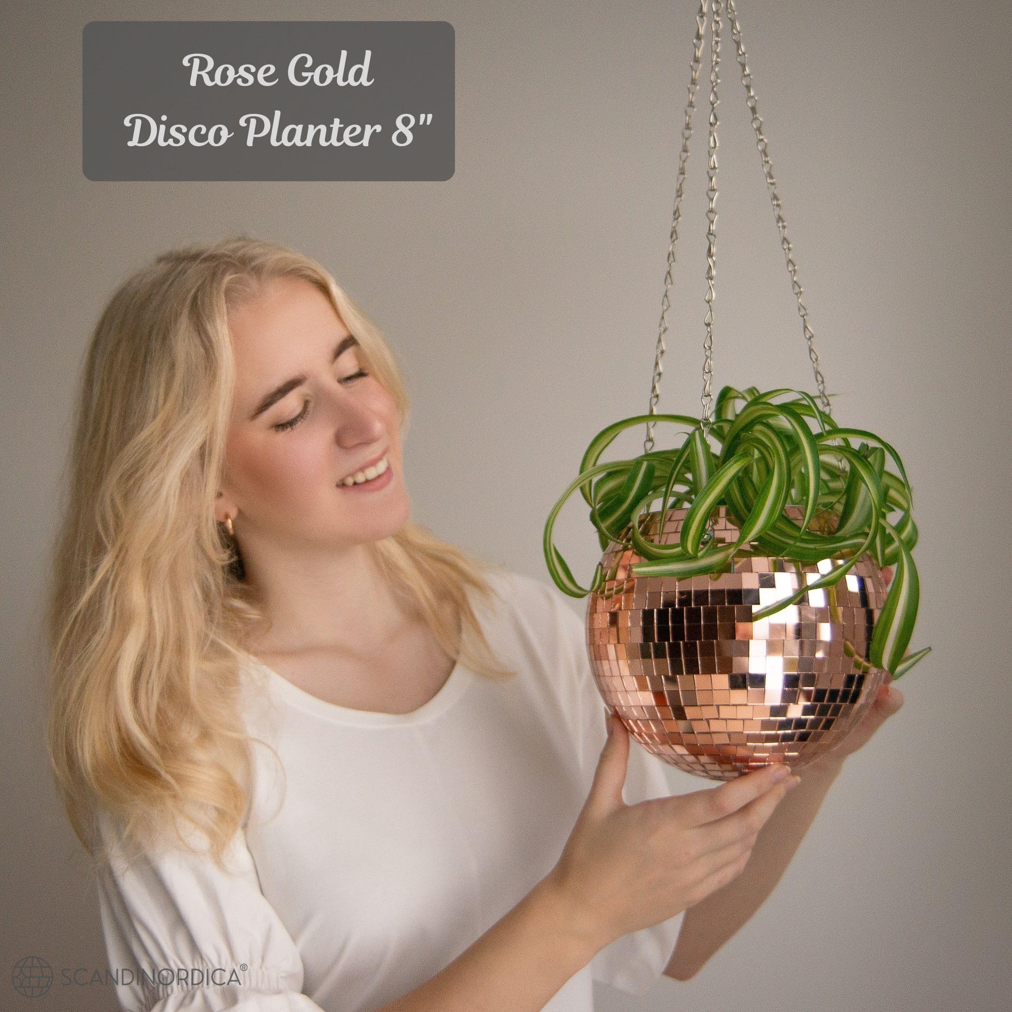 SCANDINORDICA Disco Ball Planter chain display offers sturdy hanging option indoors.