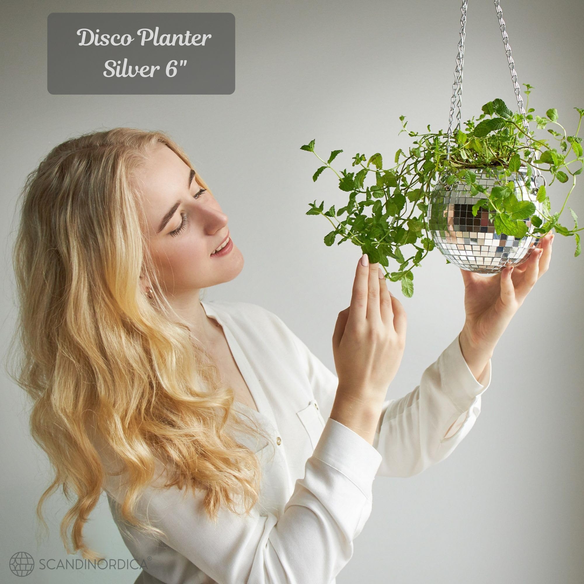 SCANDINORDICA Disco Ball Planter with macrame hanger adds decorative charm to desks and shelves.