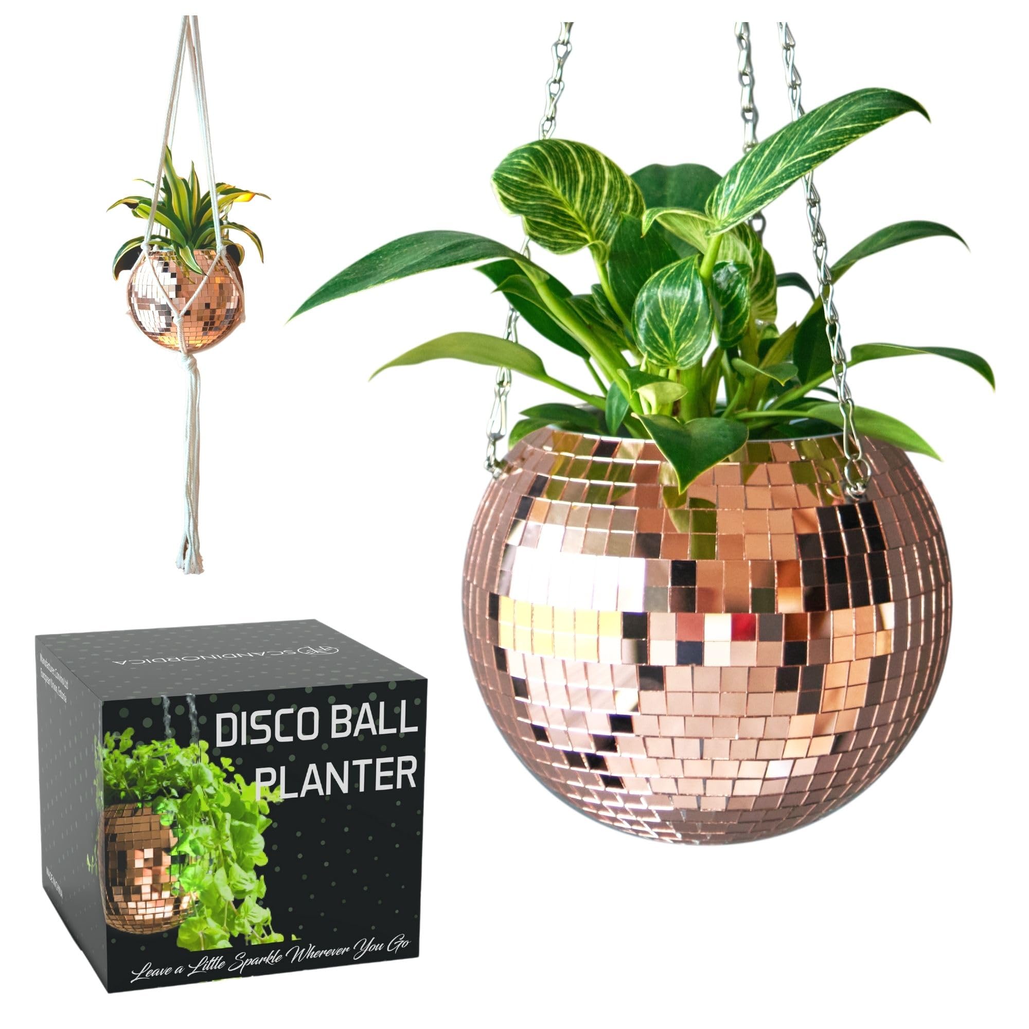 SCANDINORDICA Disco Ball Planter with mirror finish highlights succulents on a desk.