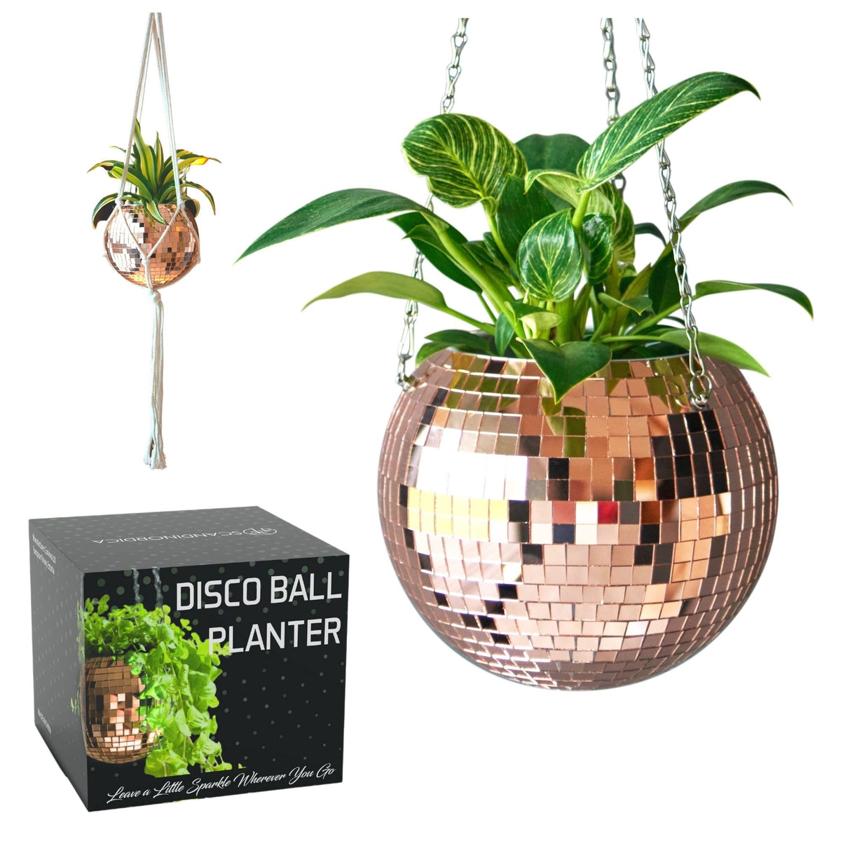 SCANDINORDICA Disco Ball Planter with mirror finish highlights succulents on a desk.