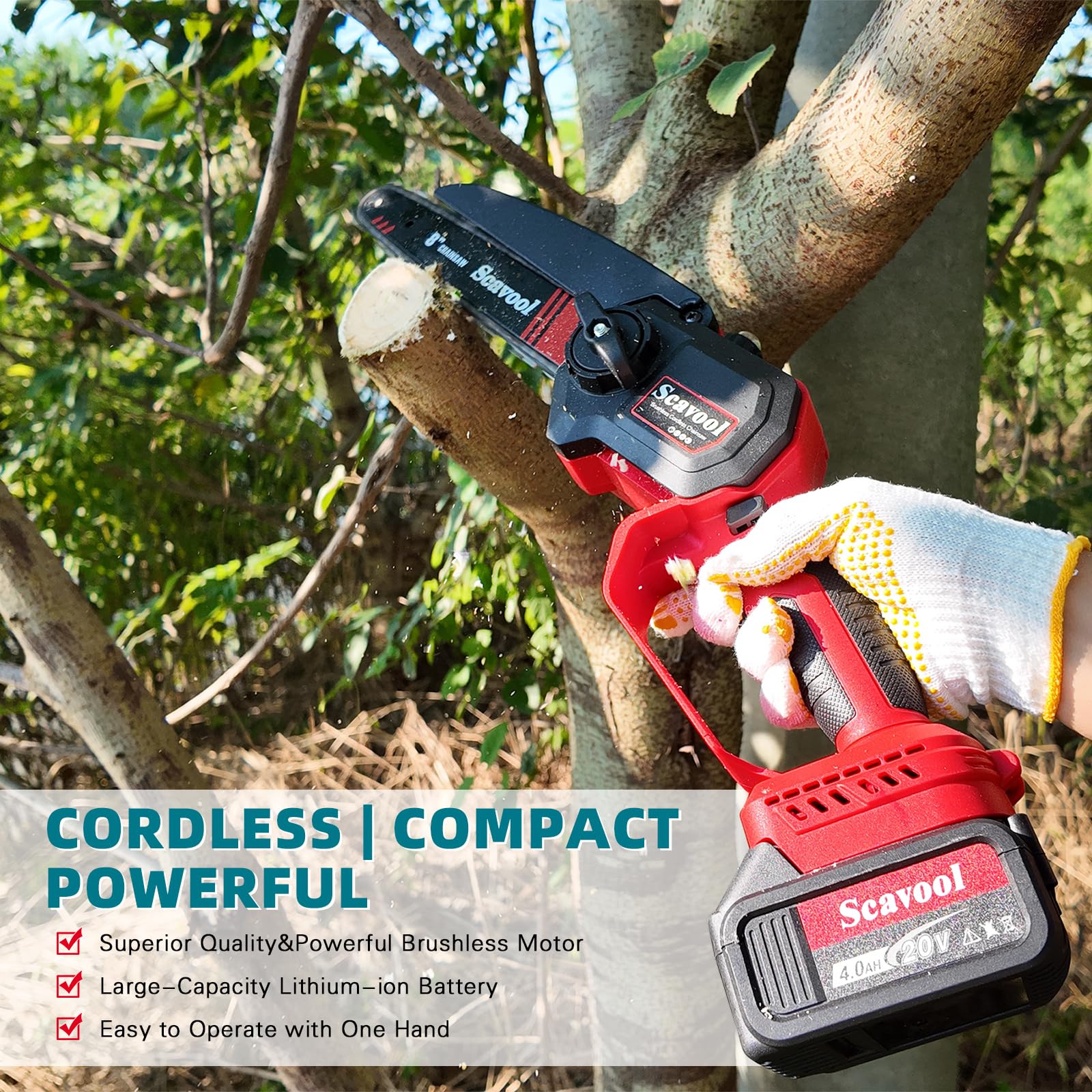 Scavool mini chainsaw 6-inch cutting for light trimming and limb removal.