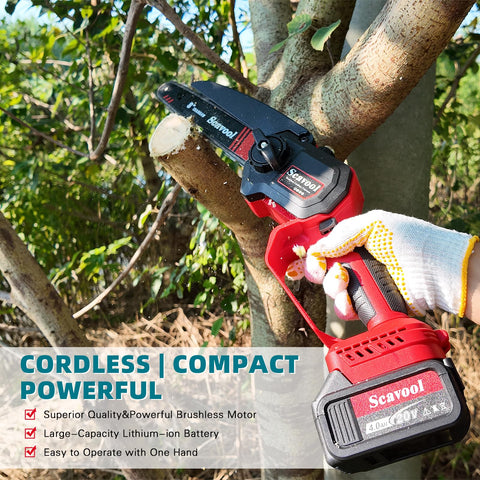 Scavool mini chainsaw 6-inch cutting for light trimming and limb removal.