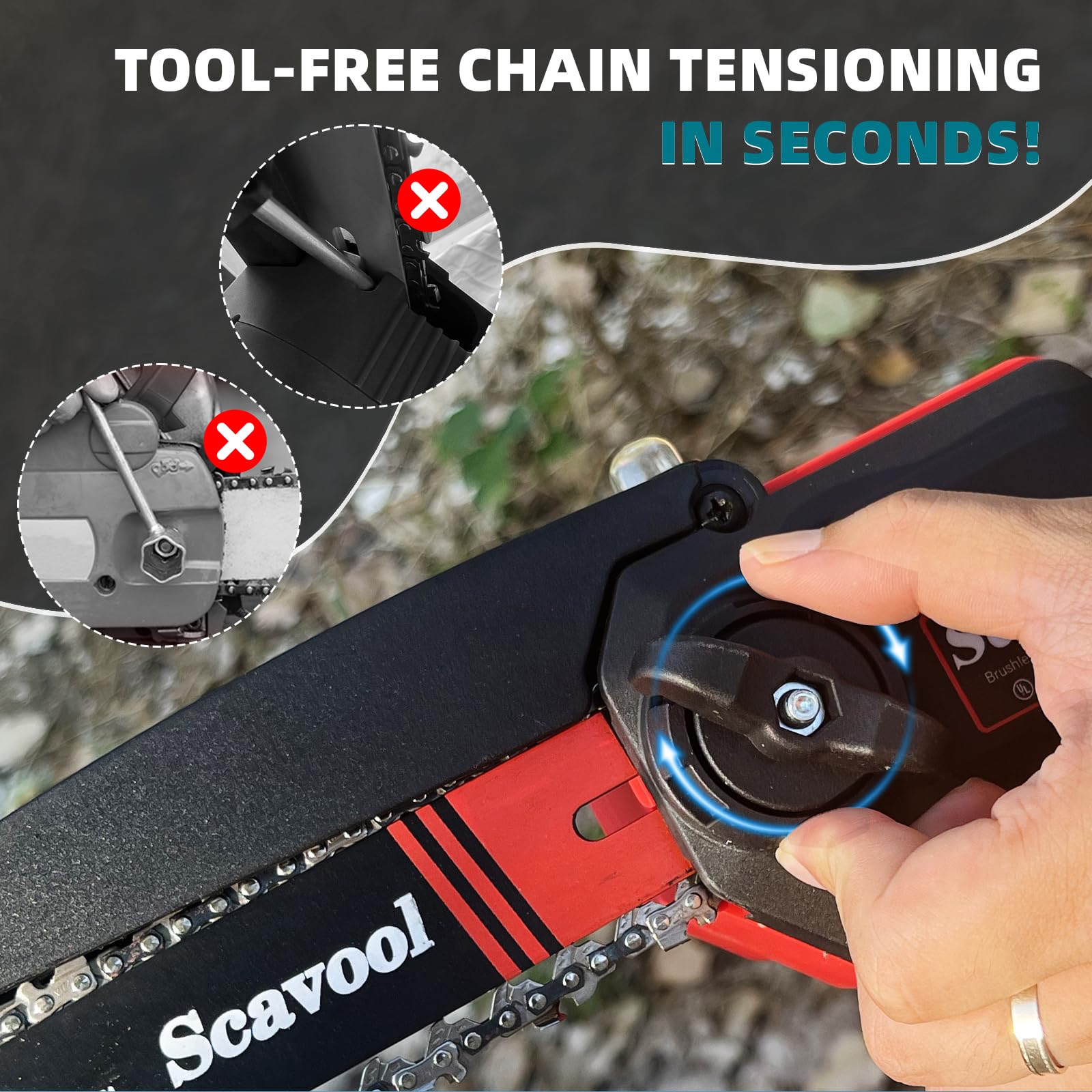 Scavool tool-free tensioner lets you adjust chain quickly.
