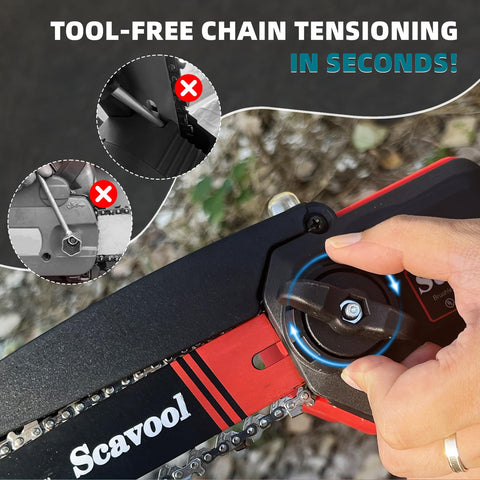 Scavool tool-free tensioner lets you adjust chain quickly.