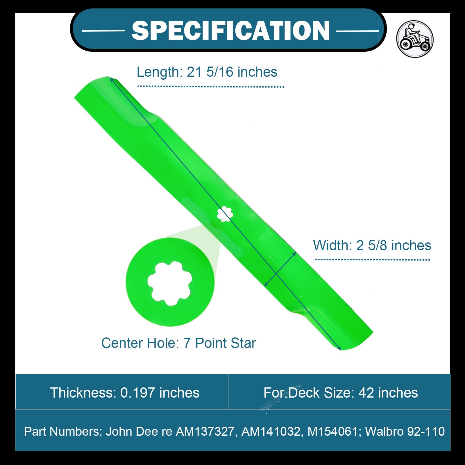 SCBHWJ 42-inch deck blade close-up for AM137327 highlighting a durable cutting edge