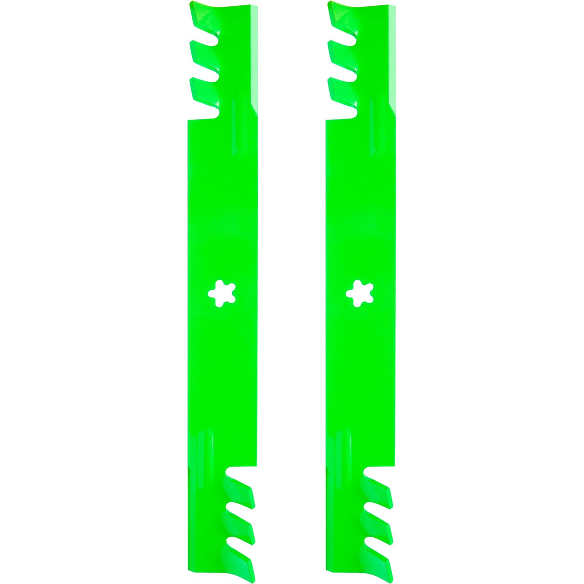 SCBHWJ 42-inch mulching blades in close-up, sharp edges for clean cuts.