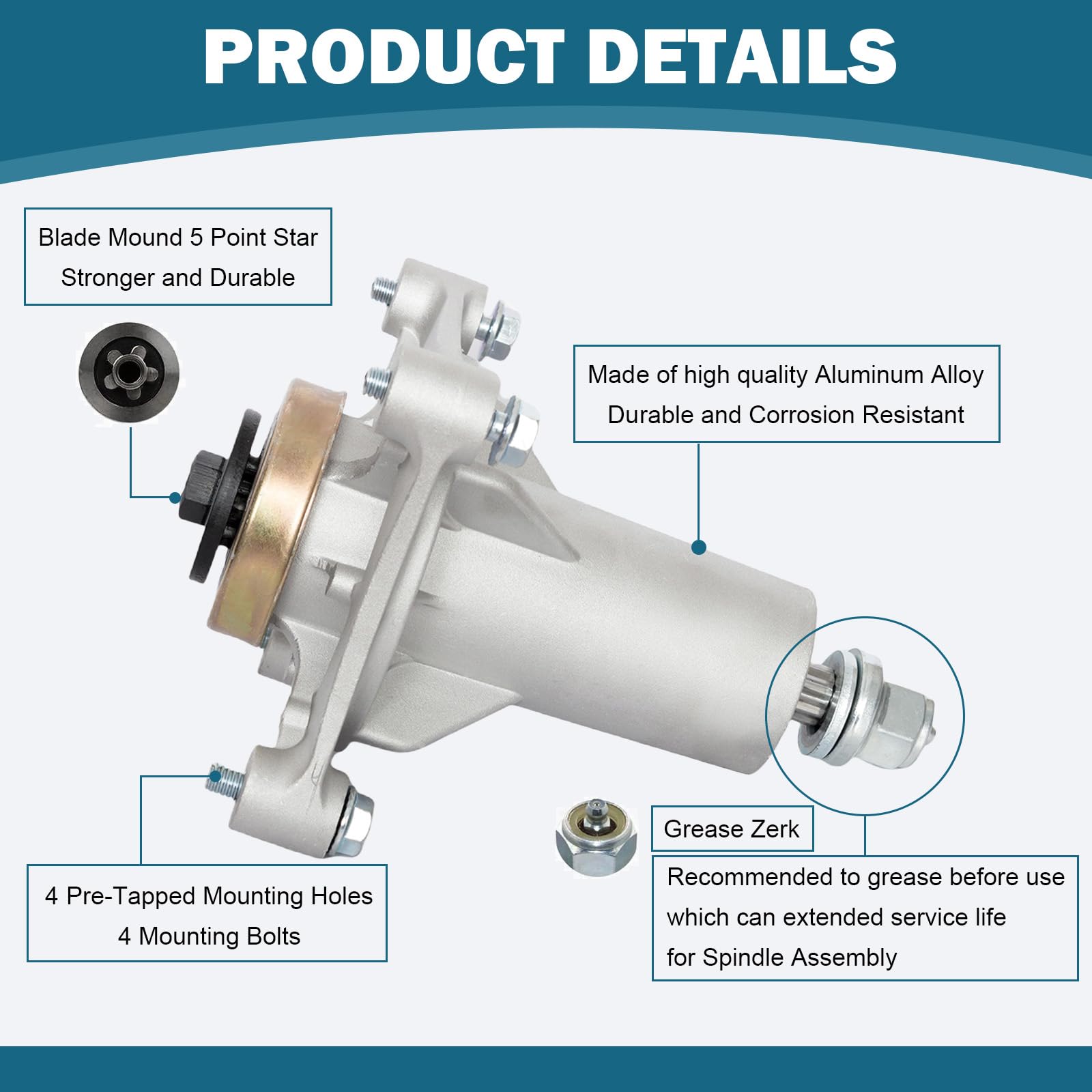 Pre-greased aluminum spindle provides smooth rotation and low maintenance