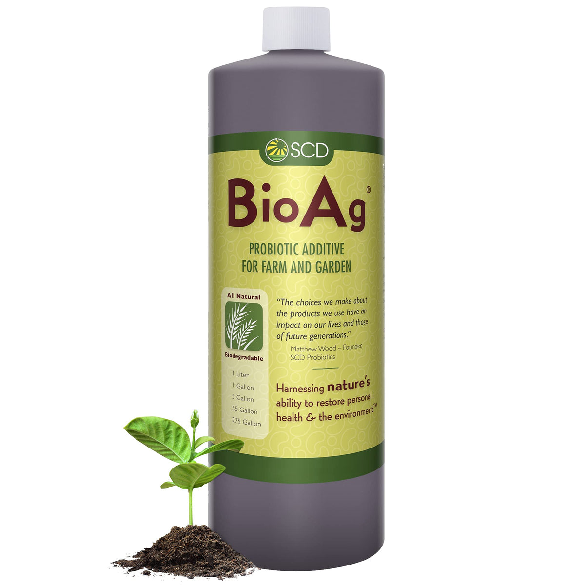 SCD BioAg bottle with live microbes supporting soil biodiversity and plant resilience