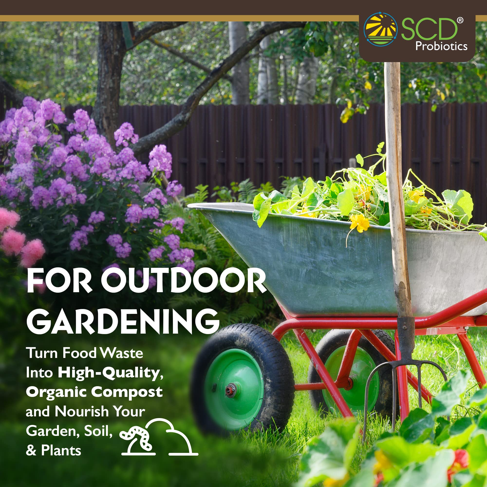 SCD Probiotics outdoor bokashi in a compost scene reduces odors.