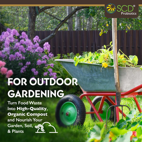 SCD Probiotics outdoor bokashi in a compost scene reduces odors.
