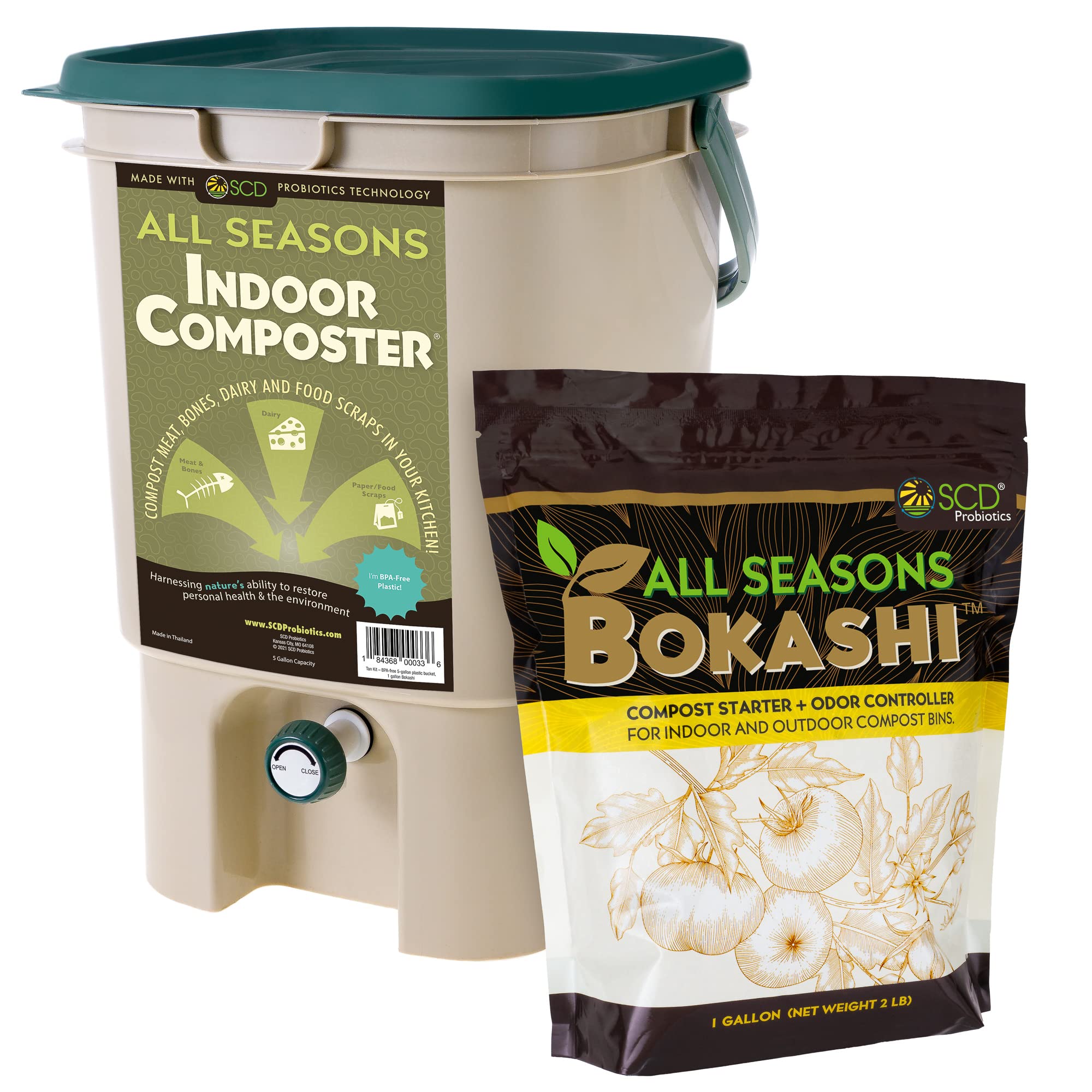 SCD Probiotics All Seasons Indoor Composter Bin on a kitchen counter, convenient waste-to-compost setup