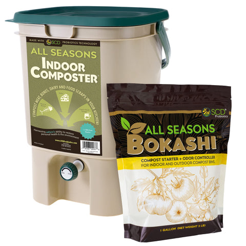 SCD Probiotics All Seasons Indoor Composter Bin on a kitchen counter, convenient waste-to-compost setup