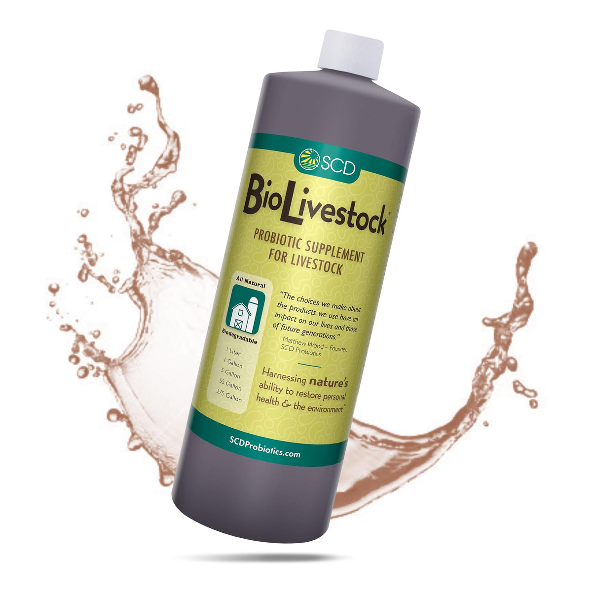 SCD Probiotics SCD Bio Livestock liquid bottle for easy administration and digestion support.