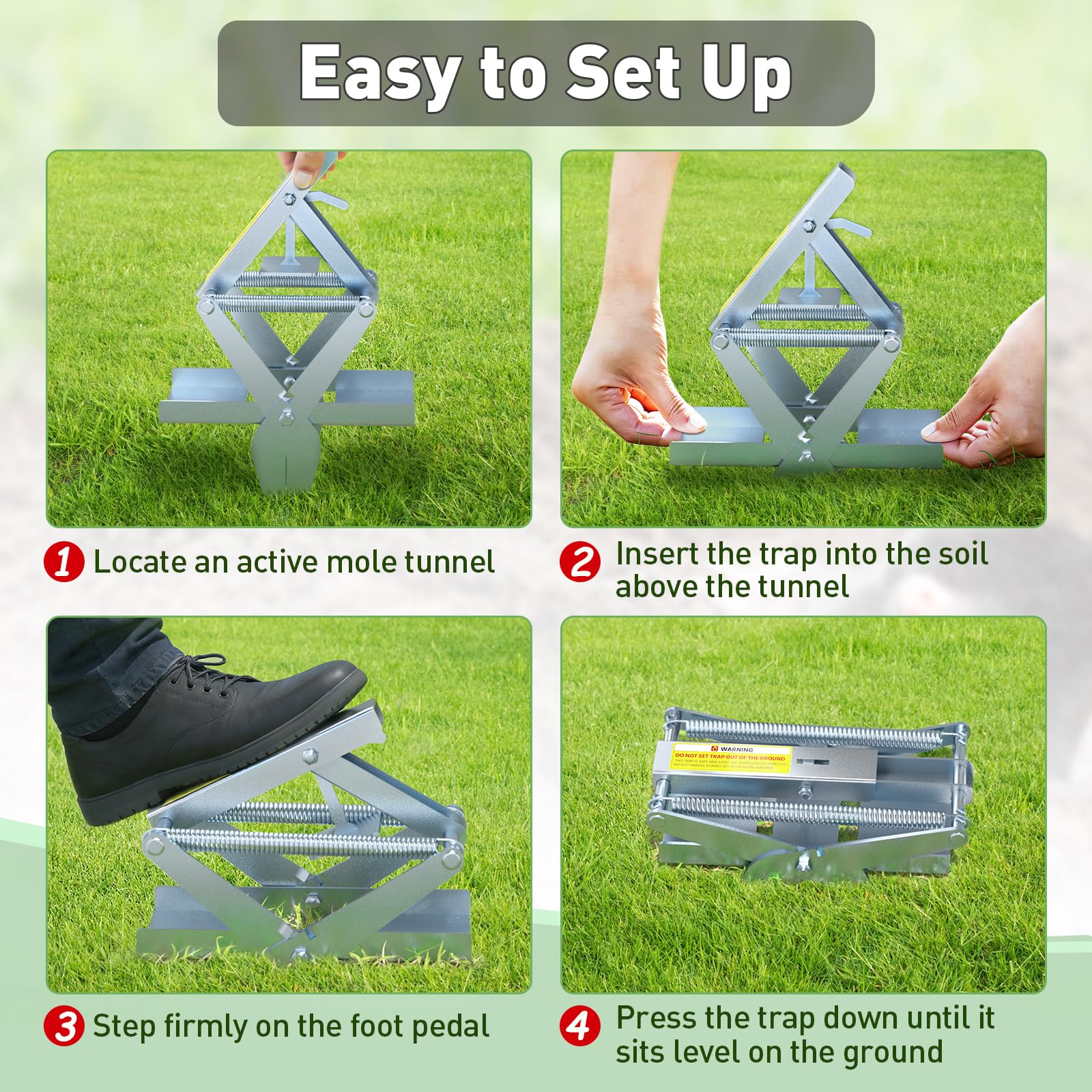 Schadro mole traps are poultry- and pet-friendly when placed in active tunnels.
