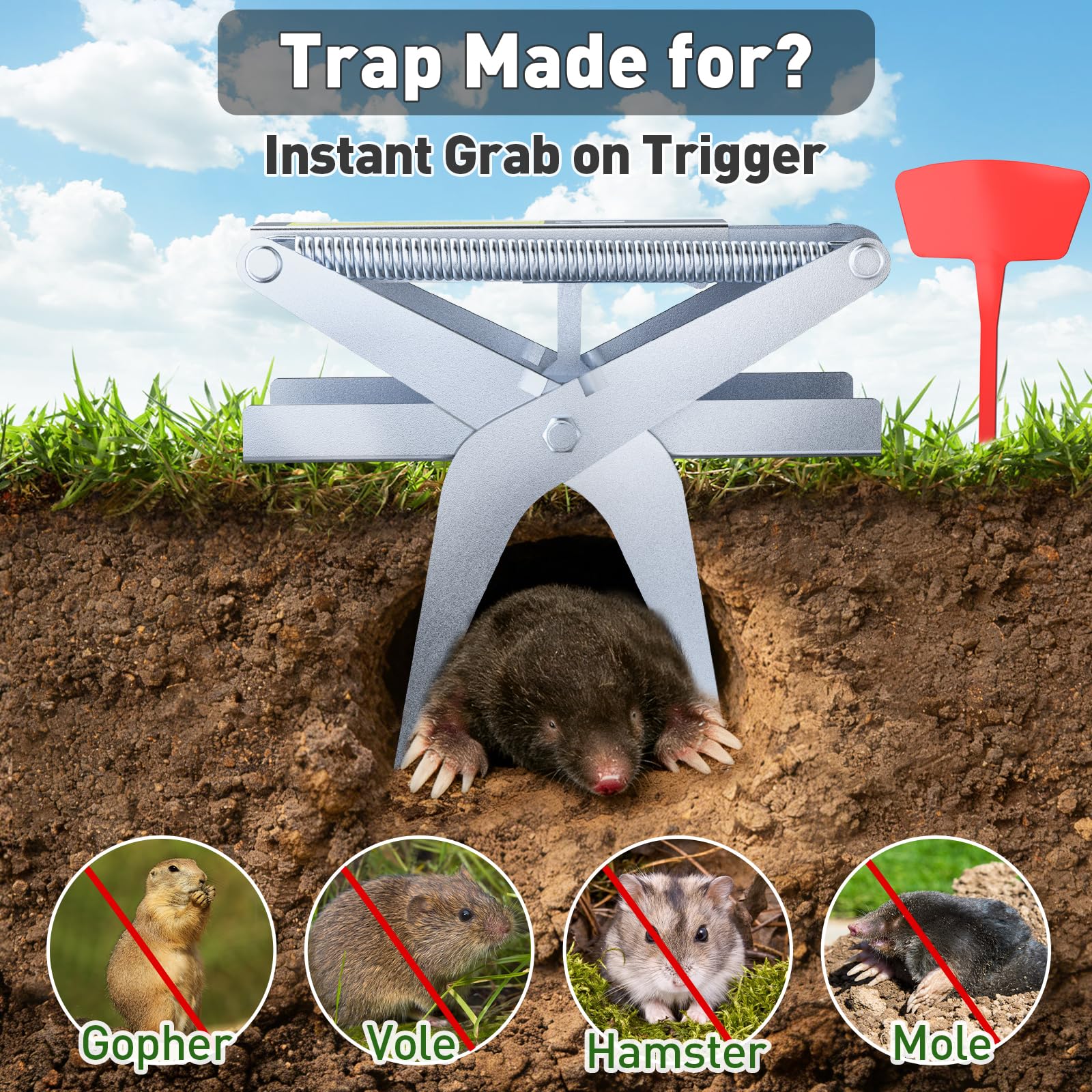 Schadro mole traps feature rust-proof steel for durable outdoor use.