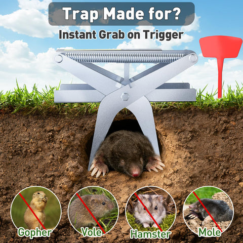 Schadro mole traps feature rust-proof steel for durable outdoor use.