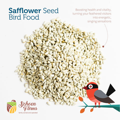 Schoen Farms Bright White Safflower Seeds draw finches to the feeder with easy-to-digest nutrition.