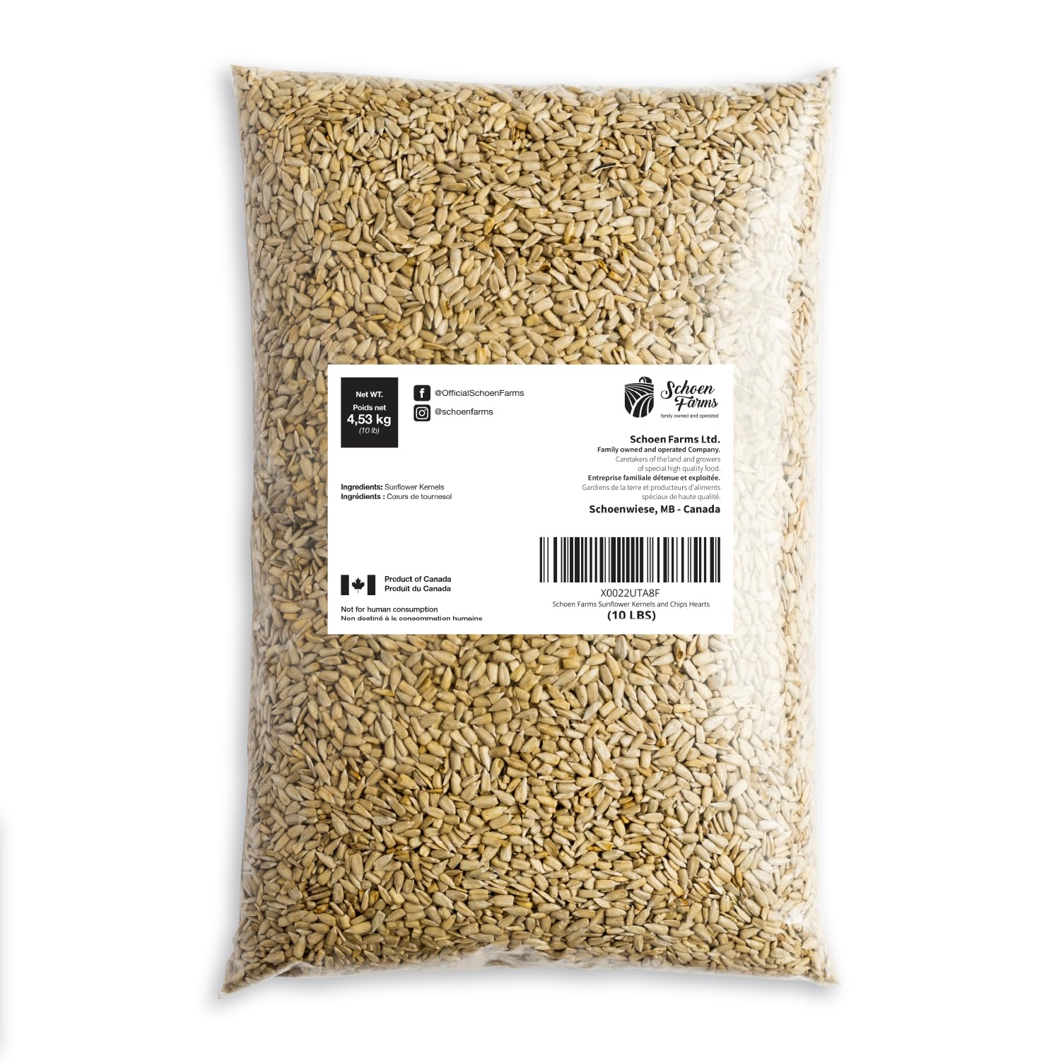 Schoen Farms hulled sunflower hearts shown for clean, shell-free bird nutrition.
