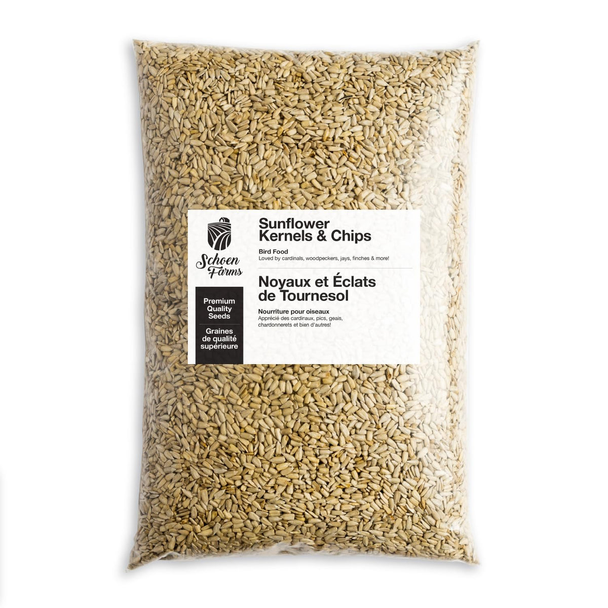 Schoen Farms sunflower kernels and chips in a 4.54 kg bag for high-energy backyard feeding.