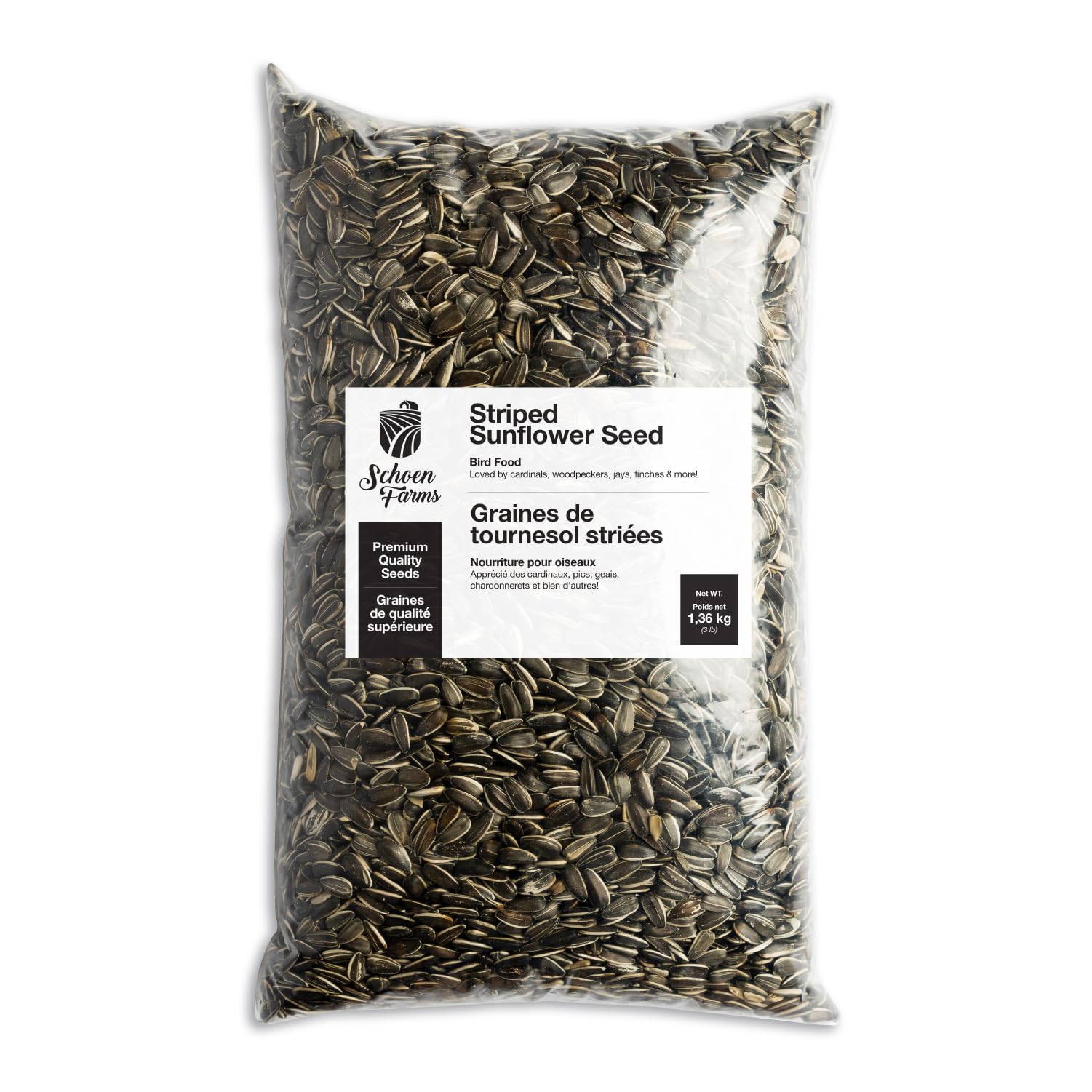 Schoen Farms striped sunflower seeds 3lb bag for mess-free bird feeding and easy cleanup.
