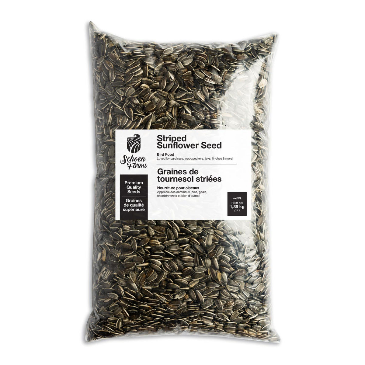 Schoen Farms striped sunflower seeds 3lb bag for mess-free bird feeding and easy cleanup.