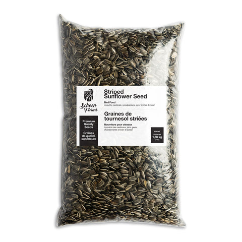 Schoen Farms striped sunflower seeds 3lb bag for mess-free bird feeding and easy cleanup.