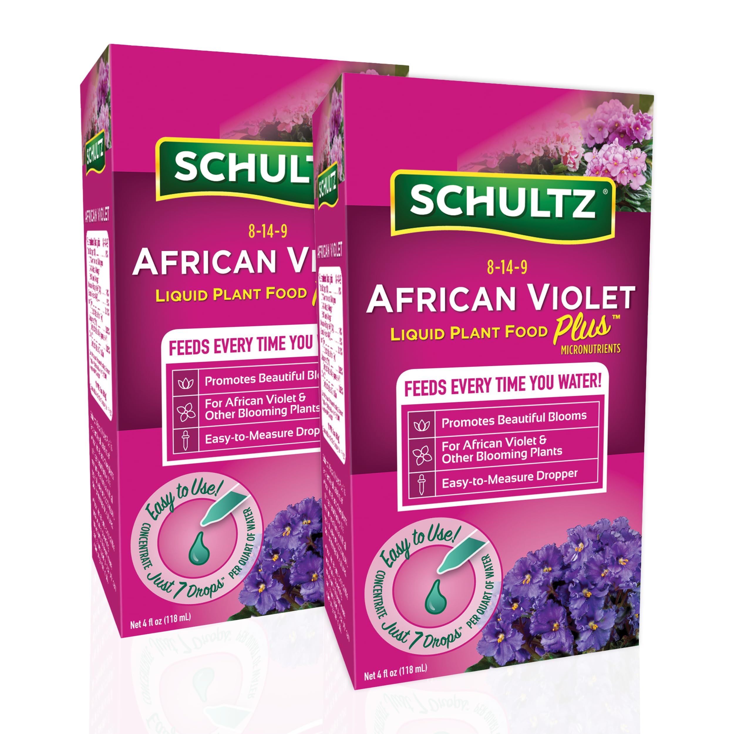 Schultz African Violet Plus bottle of liquid plant food promotes vibrant blooms
