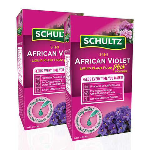Schultz African Violet Plus bottle of liquid plant food promotes vibrant blooms