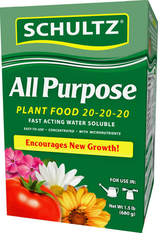 Schultz All Purpose Plant Food bottle promotes growth for indoor and outdoor plants.
