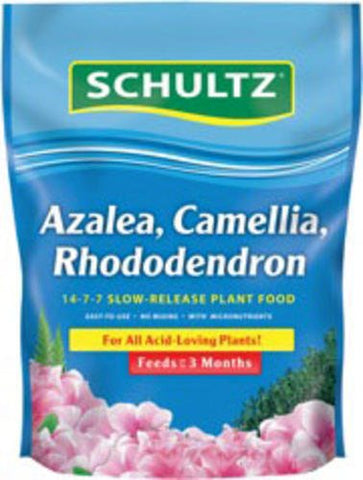 Schultz Azalea Camellia Rhododendron slow-release plant food nourishes acid-loving plants for months.