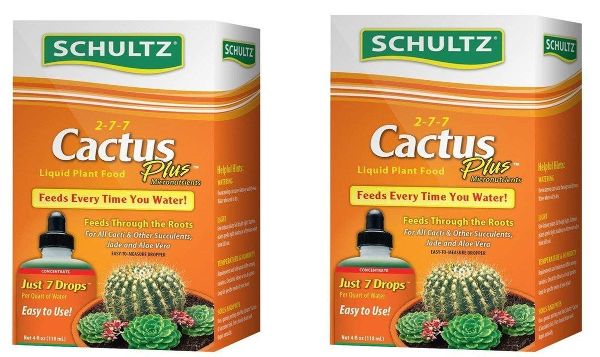 Schultz Cactus Plus bottle close-up with 2-7-7 formula for healthy cacti.