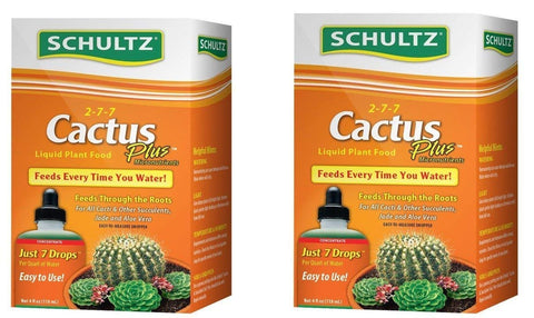 Schultz Cactus Plus bottle close-up with 2-7-7 formula for healthy cacti.