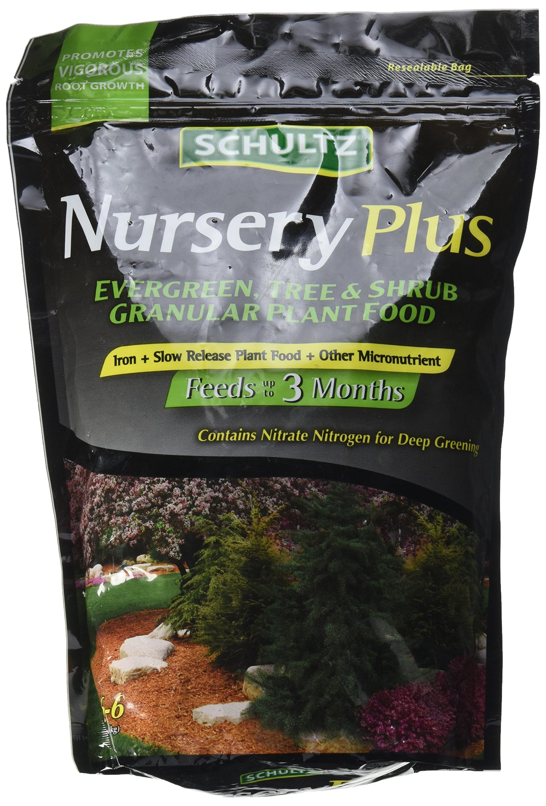 Schultz Nursery Plus slow-release bag showing even nutrient distribution for thriving potted plants.