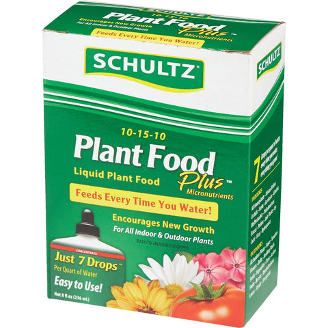 Schultz Purpose liquid plant food applied to indoor plants for steady nourishment.