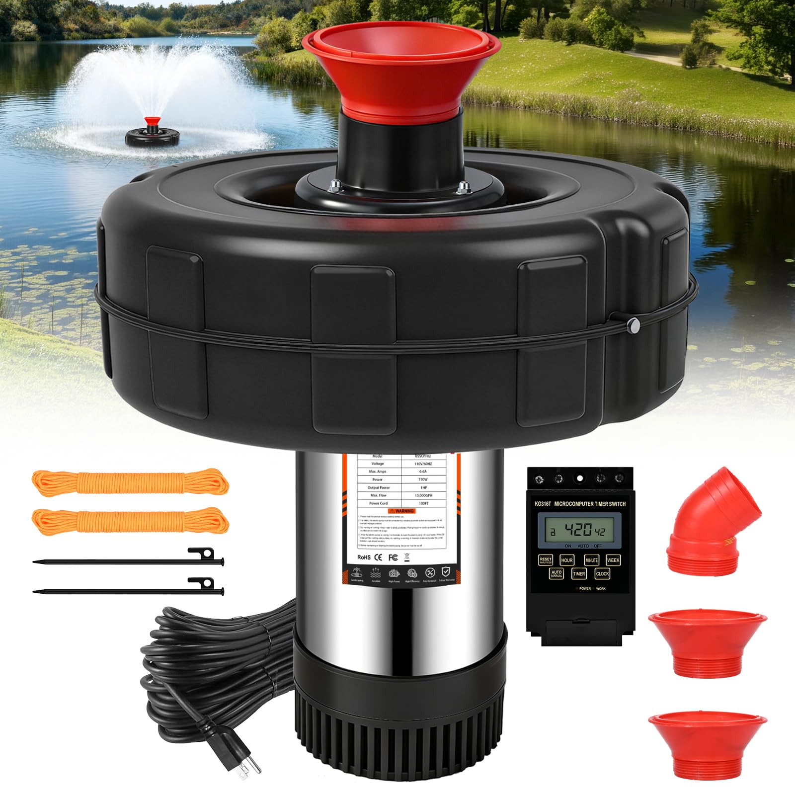 Schupethauer pond fountain aerator spray over a large pond for aeration