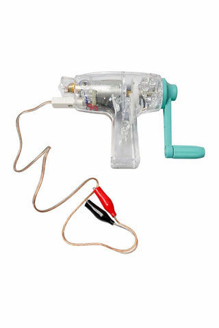 Sci-Supply hand crank DC generator 6V in lab setup for interactive physics activities.