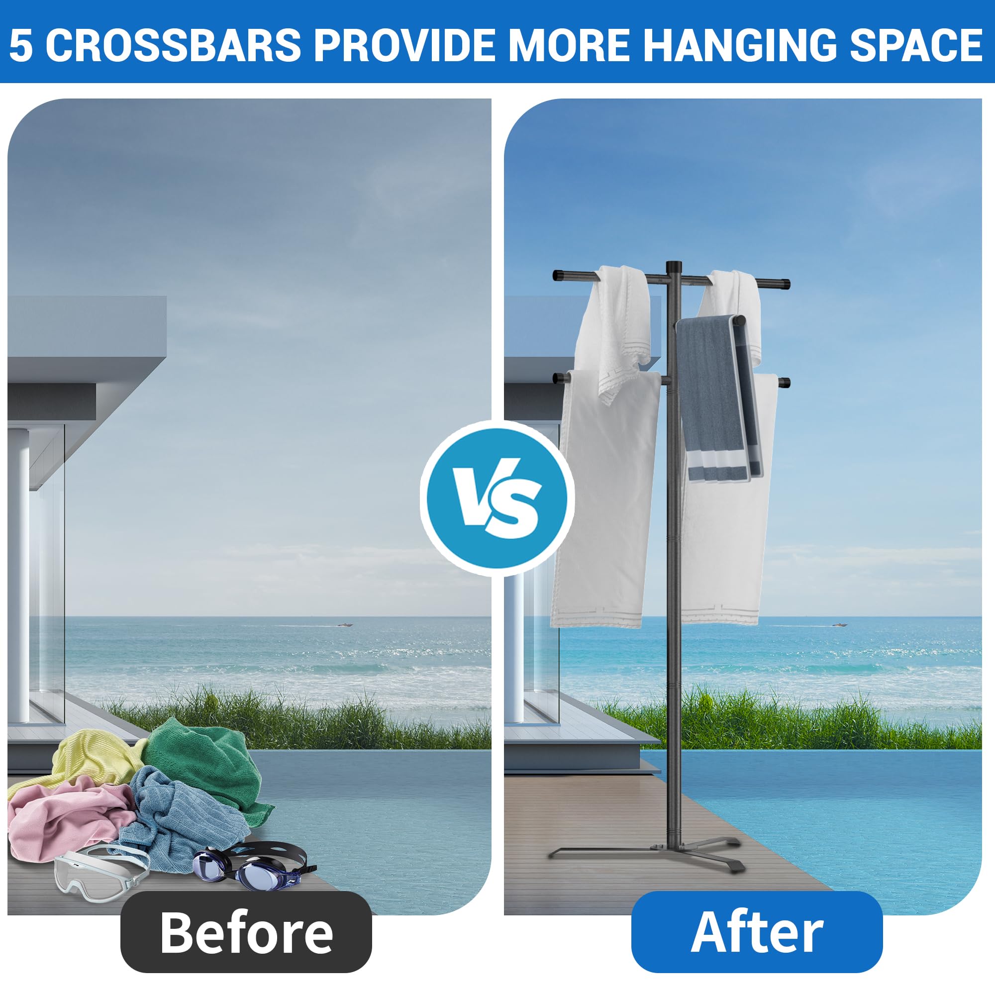 Scisum 5-arm design provides ample spacing for towels and swim gear after a swim.