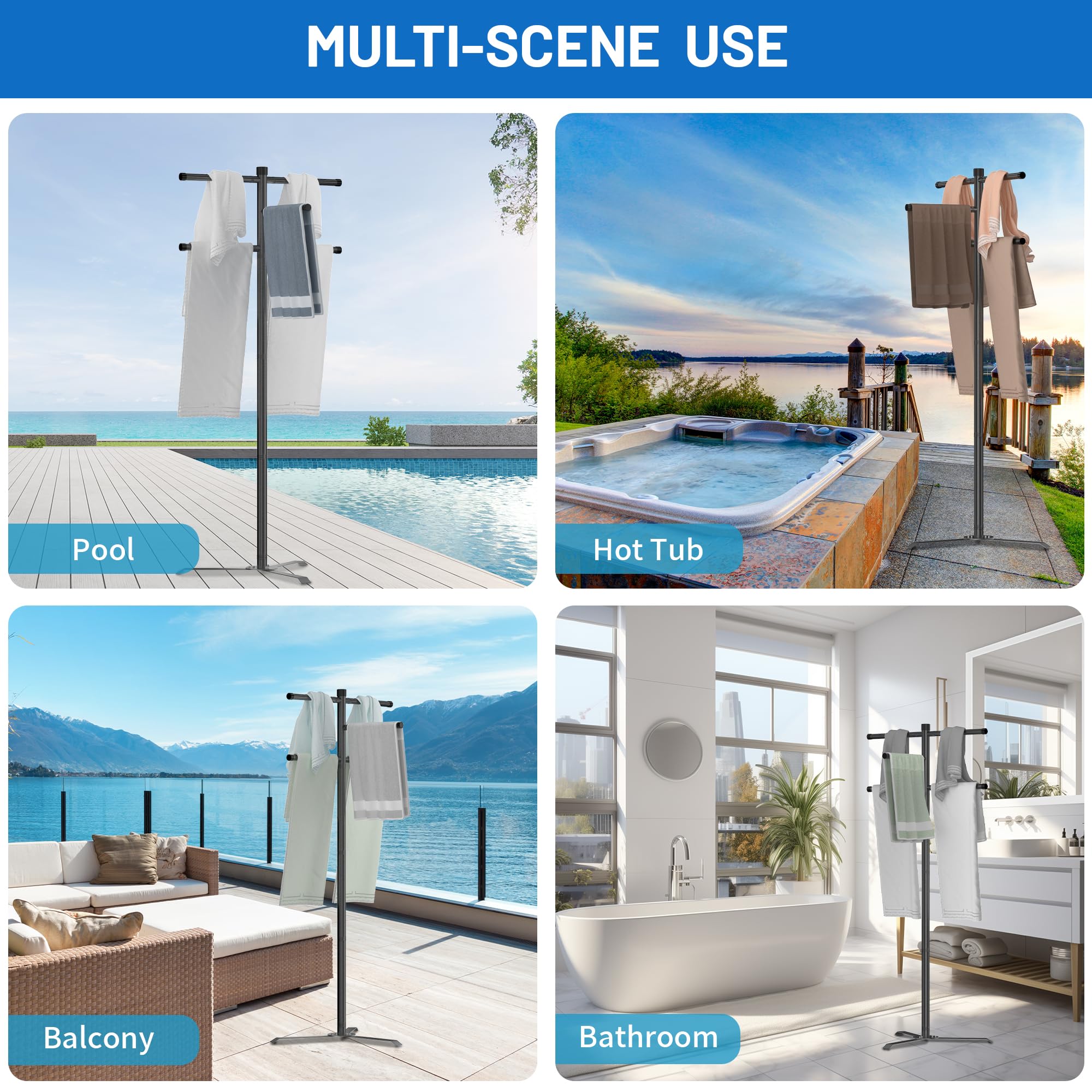 Scisum multi-purpose-use rack dries towels and swimwear for poolside, spa, or beach days.