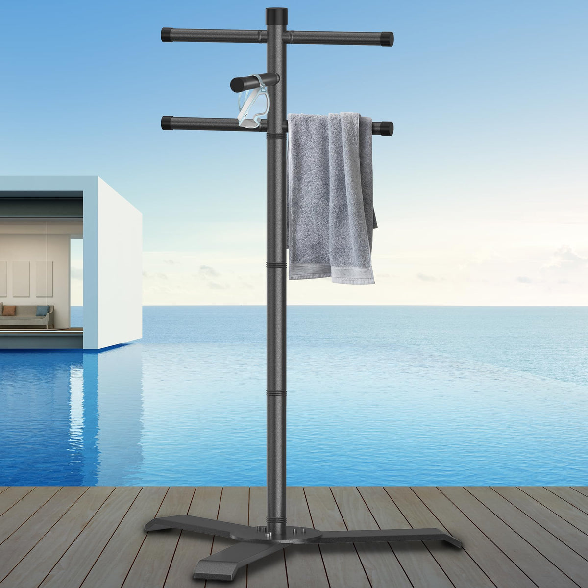 Scisum pool towel rack 61in with a sturdy alloy pole provides stable outdoor drying for towels.