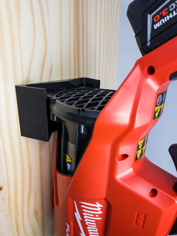 SCN3D Milwaukee M18 Fuel wall mount installed on wall with blower secured.