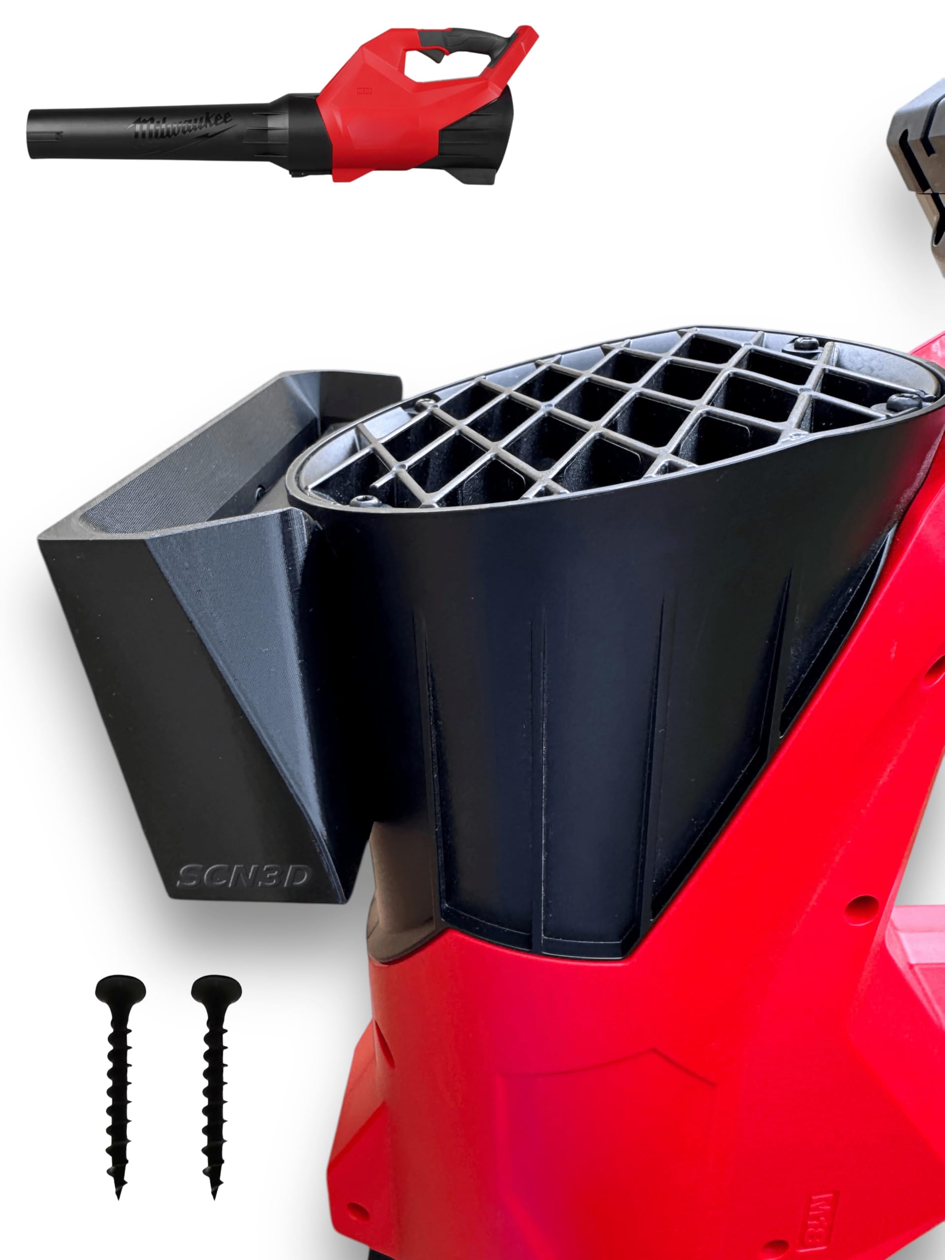 SCN3D red wall mount for Milwaukee M18 leaf blower keeps the tool off the floor and accessible