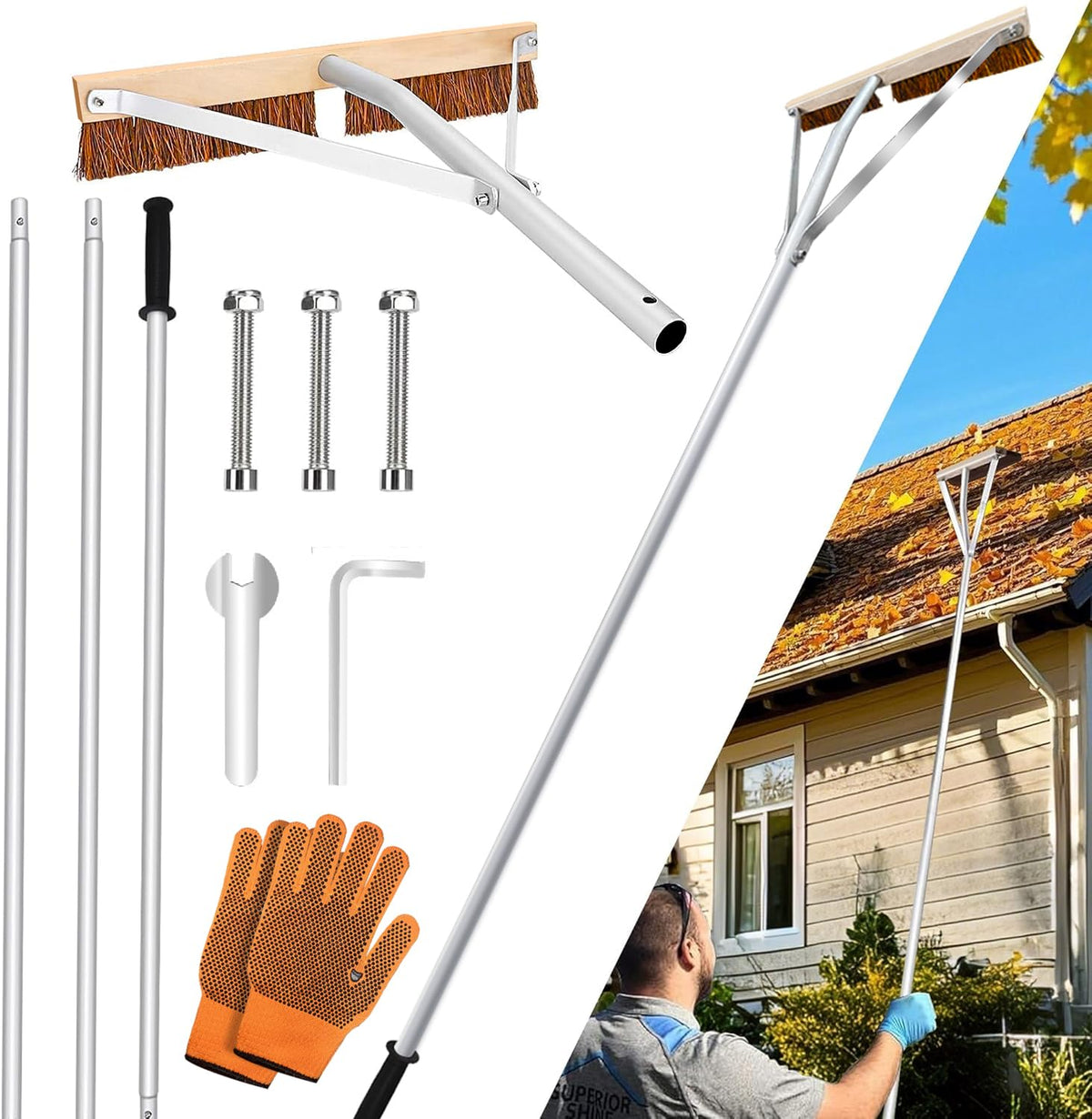 SCNKKL Leaf Roof Brush with Gloves for safe debris removal and roof cleaning.